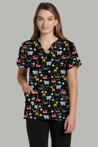 Ladies Animal Party Print Scrub Top