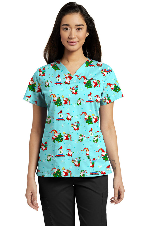 Ladies Frosty Jolly Flakes Christmas Print Scrub Top