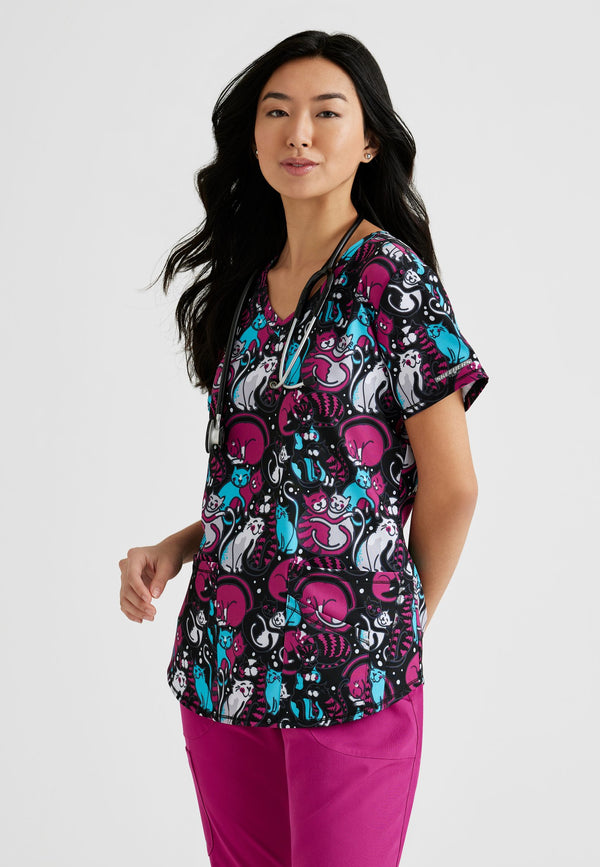 Ladies Cuddle Kitties Print Scrub Top