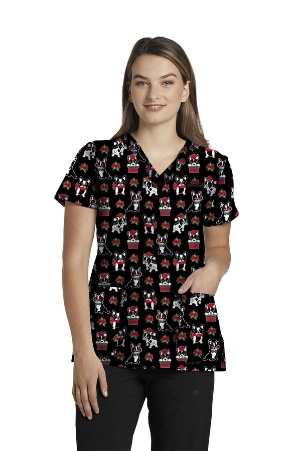 Ladies Boston Holiday Christmas Print Scrub Top