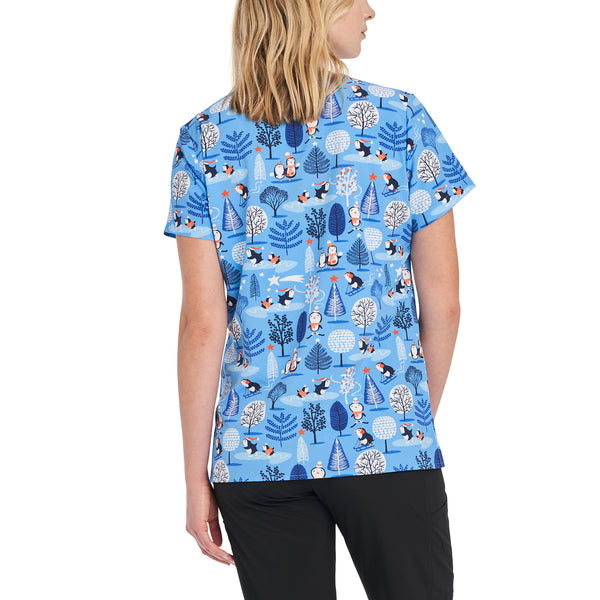 Ladies Penguin Wonderland Christmas Print Scrub Top