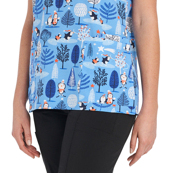 Ladies Penguin Wonderland Christmas Print Scrub Top