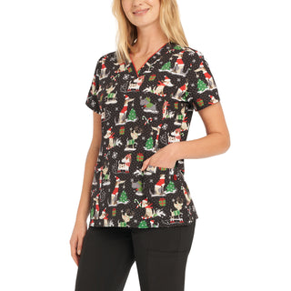 Ladies Howlidays Christmas Print Scrub Top