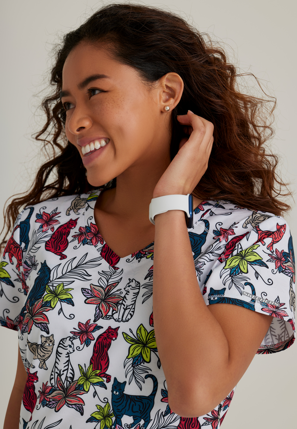 Ladies Tropical Kitty Print Scrub Top